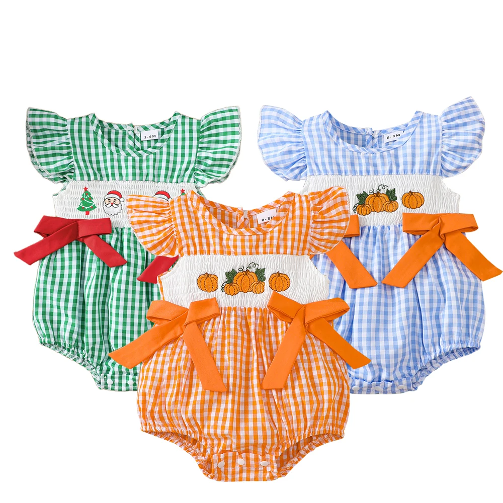 

Embroidery Pumpkin Kids Romper Halloween Colthing One Piece Infant Bodysuit with Bow Plaid Jumpsuit Set Toddler Outfits Clothes