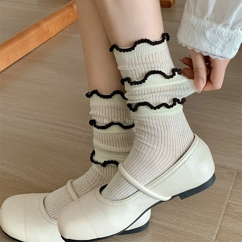 Stockings With Garter Triple Layer Ruffled Crew Socks For Women Girls Combed Cotton Aesthetic Frilly Fishnet Pants For Women