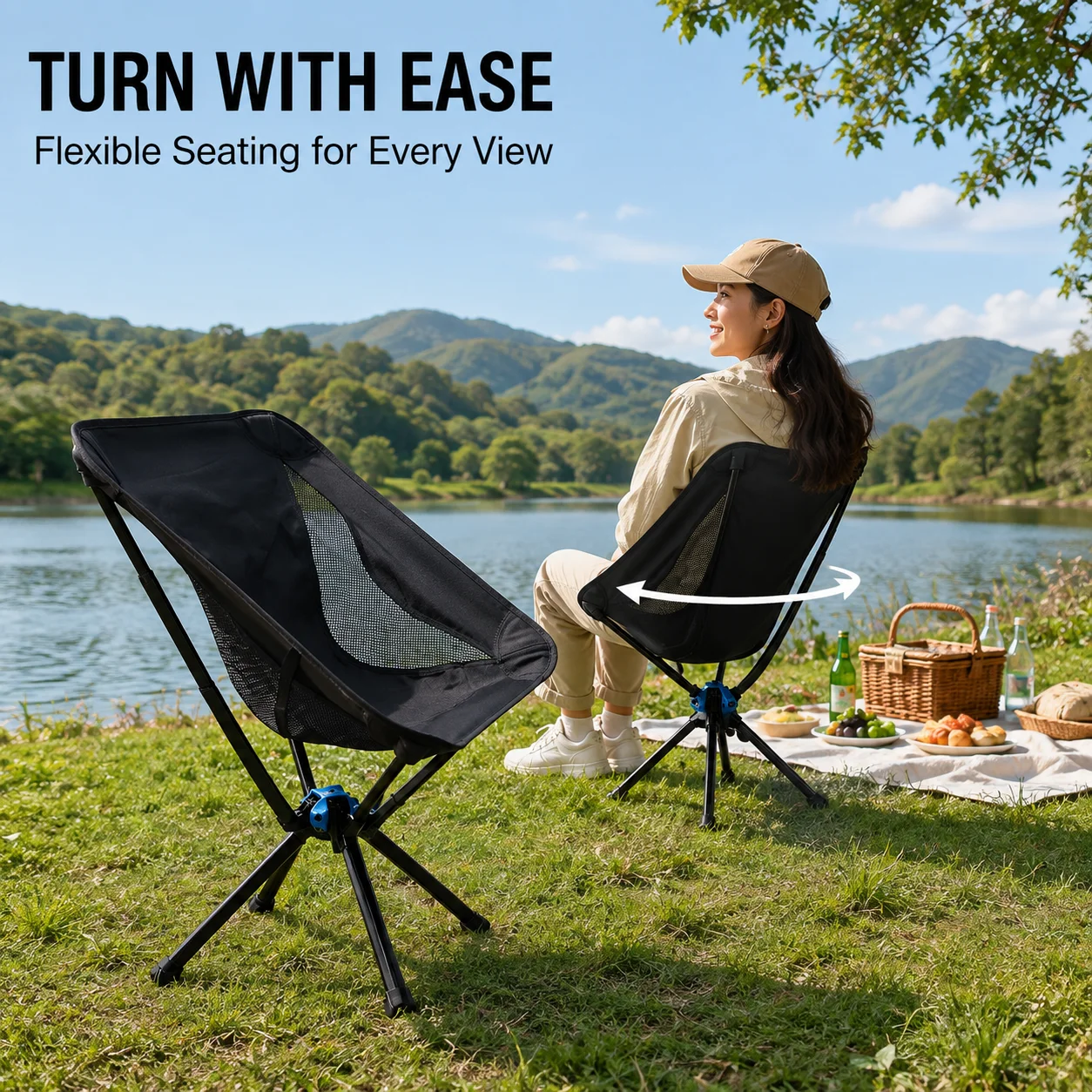 Outdoor-Drehbarer Campingstuhl 360 °   Drehbarer, zusammenklappbarer tragbarer Stuhl aus Aluminiumlegierung, leicht, atmungsaktives Netzgewebe für Picknick und Angeln