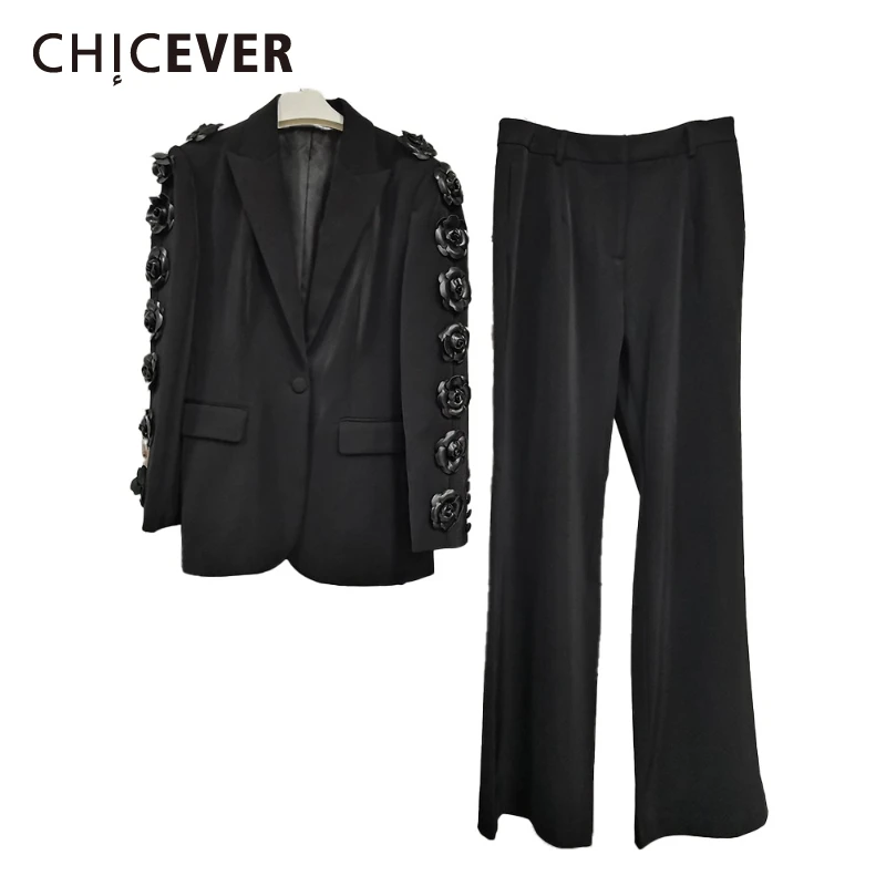 CHICEVER Formal Two Piece Sets for Women Notched Neck Long Sleeve Spliced Appliques Blazer Straight Pant Fashion Suit Female New