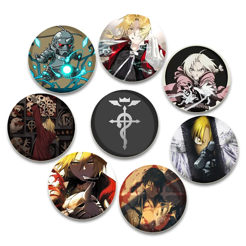 58mm Anime Fullmetal Alchemist Brooches Fans Collection Comic Figure Cosplay Lapel Pins Fashion Jewelry Clothes Accessory Gifts