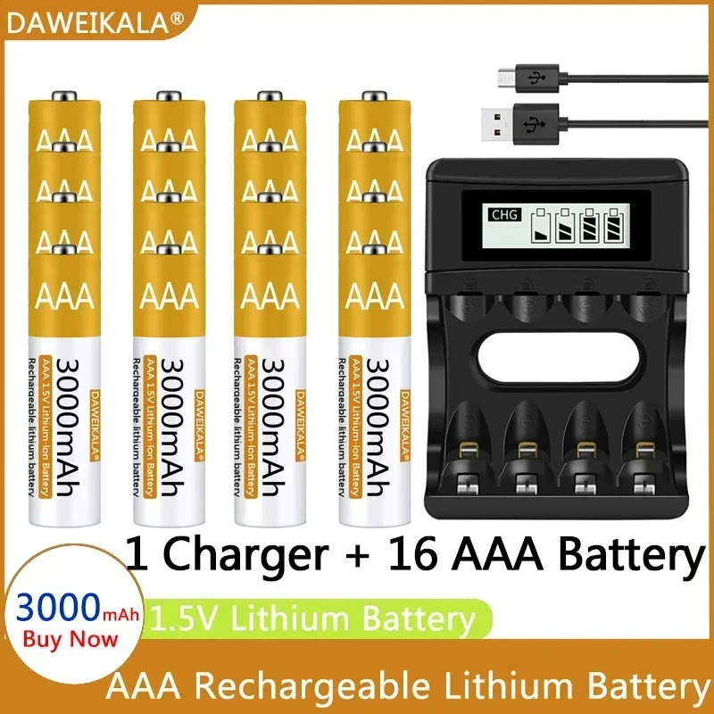 AAA Battery 1.5V Rechargeable 3000mAh Lithium-ion Battery AAA Battery For Remote Control Mouse Electric Toy With USB Charger