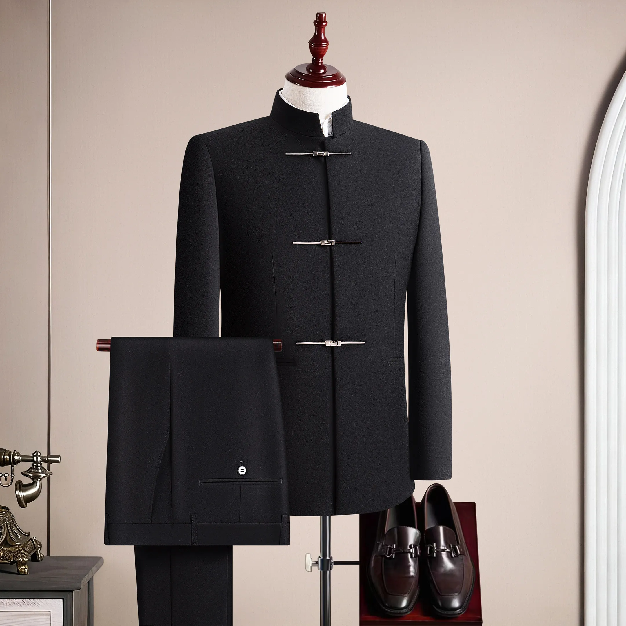 (Jacket+Pants) Chinese Style Stand Up Collar Suit Jacket Pants 2 Piece Set Vintage Luxury Men Slim Casual Social Wedding Tuxedo