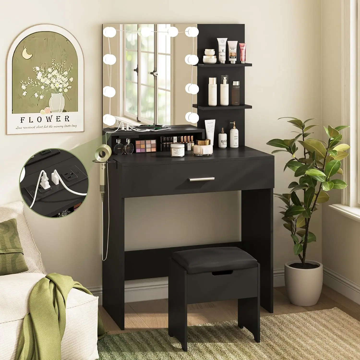 Small Vanity Desk with Mirror & Lights, Makeup Table with Storage Chair & Power Strip, 3 Lighting Modes, for Bedroom, Customized