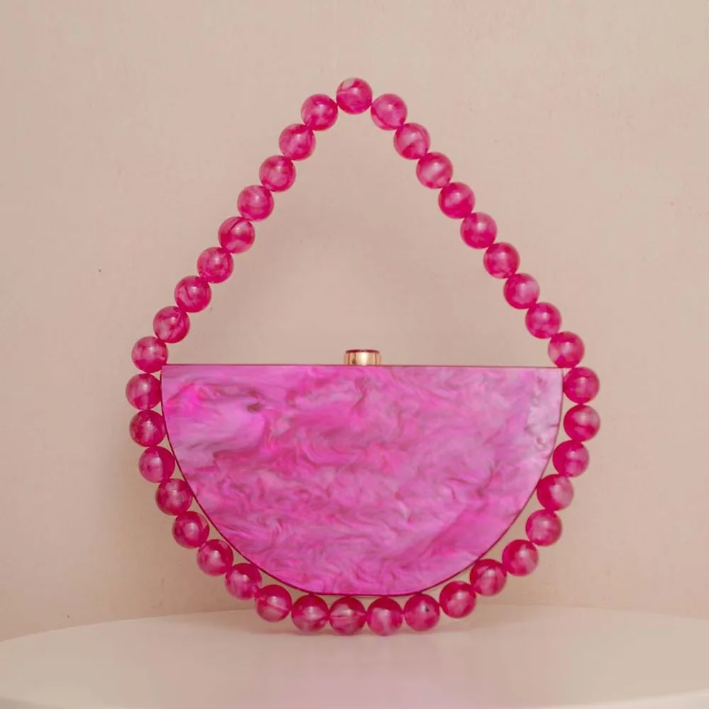 High Quality Beads Beaded Acrylic Half Moon Bag Fashion Women Handbag Wedding Party Banquet Bag Luxury Exquisite Clutch Purse