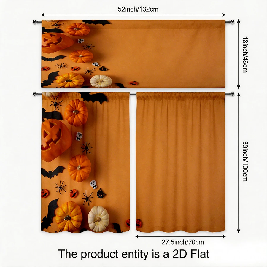 Halloween Fall Kitchen Curtains, Pumpkin Bat Spider Skull, Digital Print, Kitchen Dining Room, Rod Pocket Polyester, Home Decor