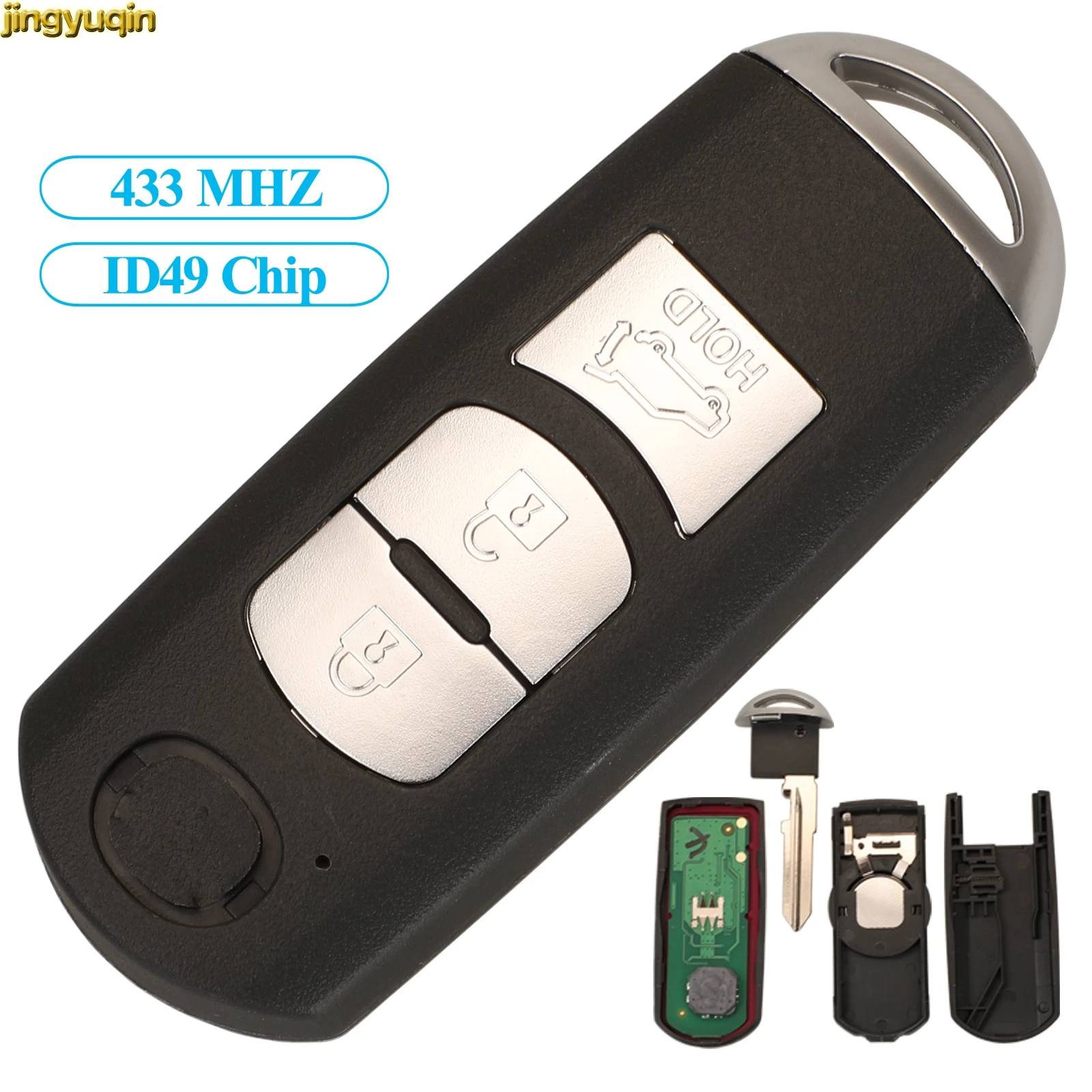 

Jingyuqin Remote Car Key Fob Control 433MHZ ID49 Chip For Mazda CX-5 CX-4 Smart Card 3 Buttons Uncut Blade with Groove