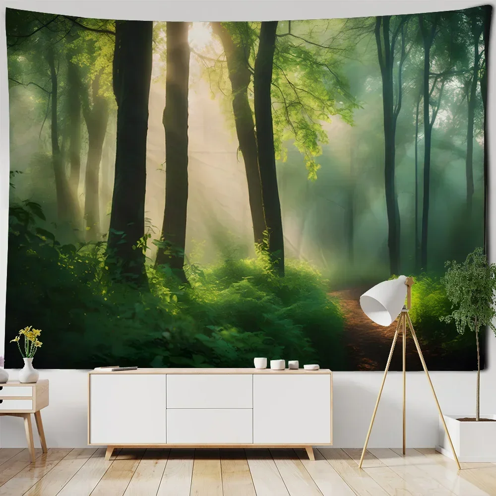 Sunlight shining on the forest tapestry, natural landscape printing, wall tapestry, hippie Bohemian mandala, wall art decoration