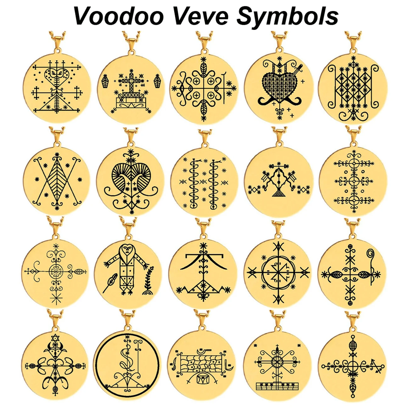 HLSS120-139 Gold Color Voodoo Veve Symbols Sigil Charm Jewelry Vodou Lwa Loa Amulet Talisman Stainless Steel Pendant Necklace