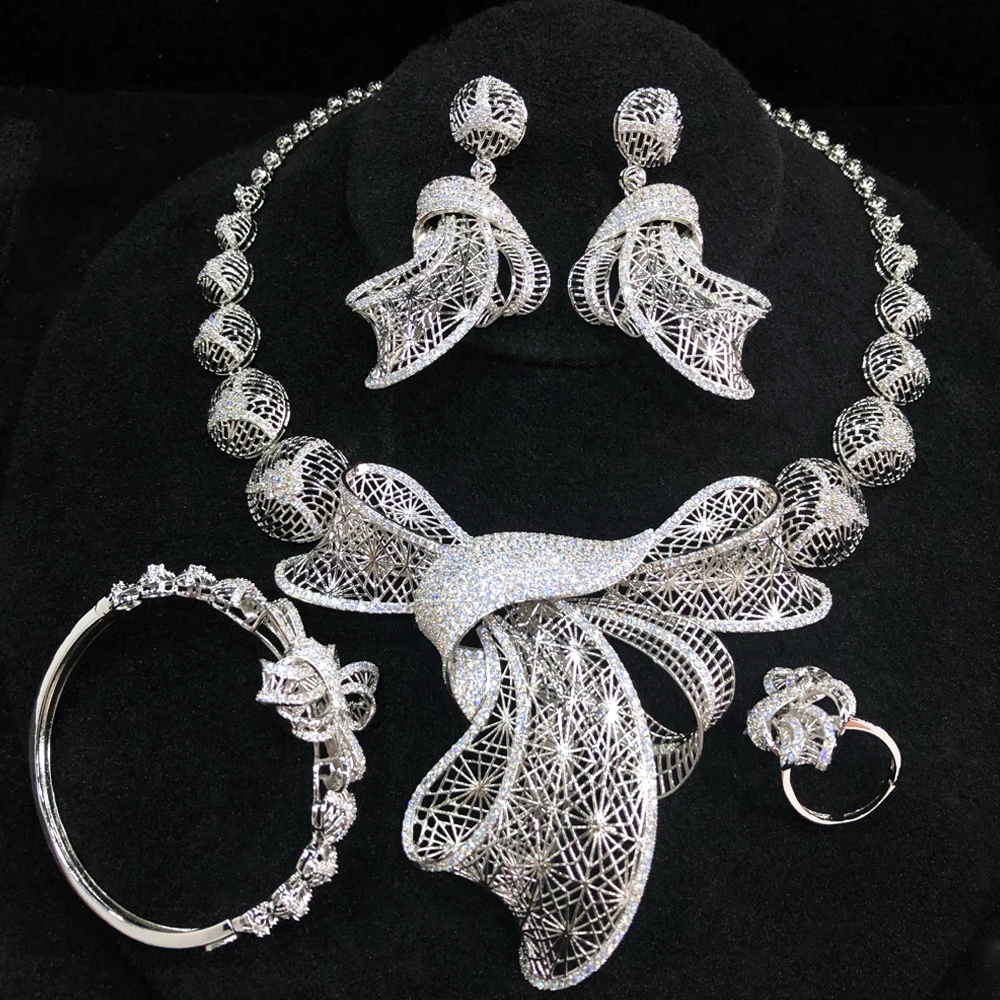 4PCS Women Wedding Jewelry Sets Hot Luxury Bowknot Flowers Cubic Zirconia Choker Necklace Earring Dubai Jewellery Sets