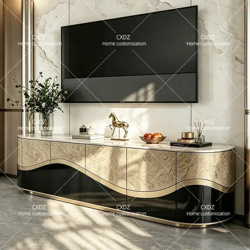 Light Luxury Marble TV Cabinet Living Room High End Burl Wood Storage Floor Console Retro Style Solid Wood Edge Media Unit