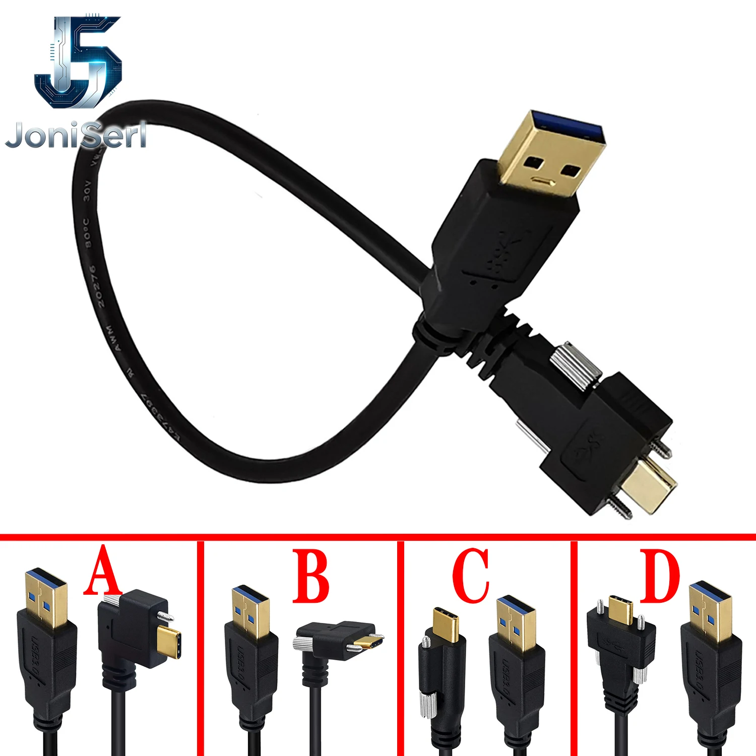0.3m 1m 2m 3m Gold plated 90° Angled USB 3.1 Type-C Dual Screw Locking to Standard USB3.0 Data Cable 90 Degree for Camera