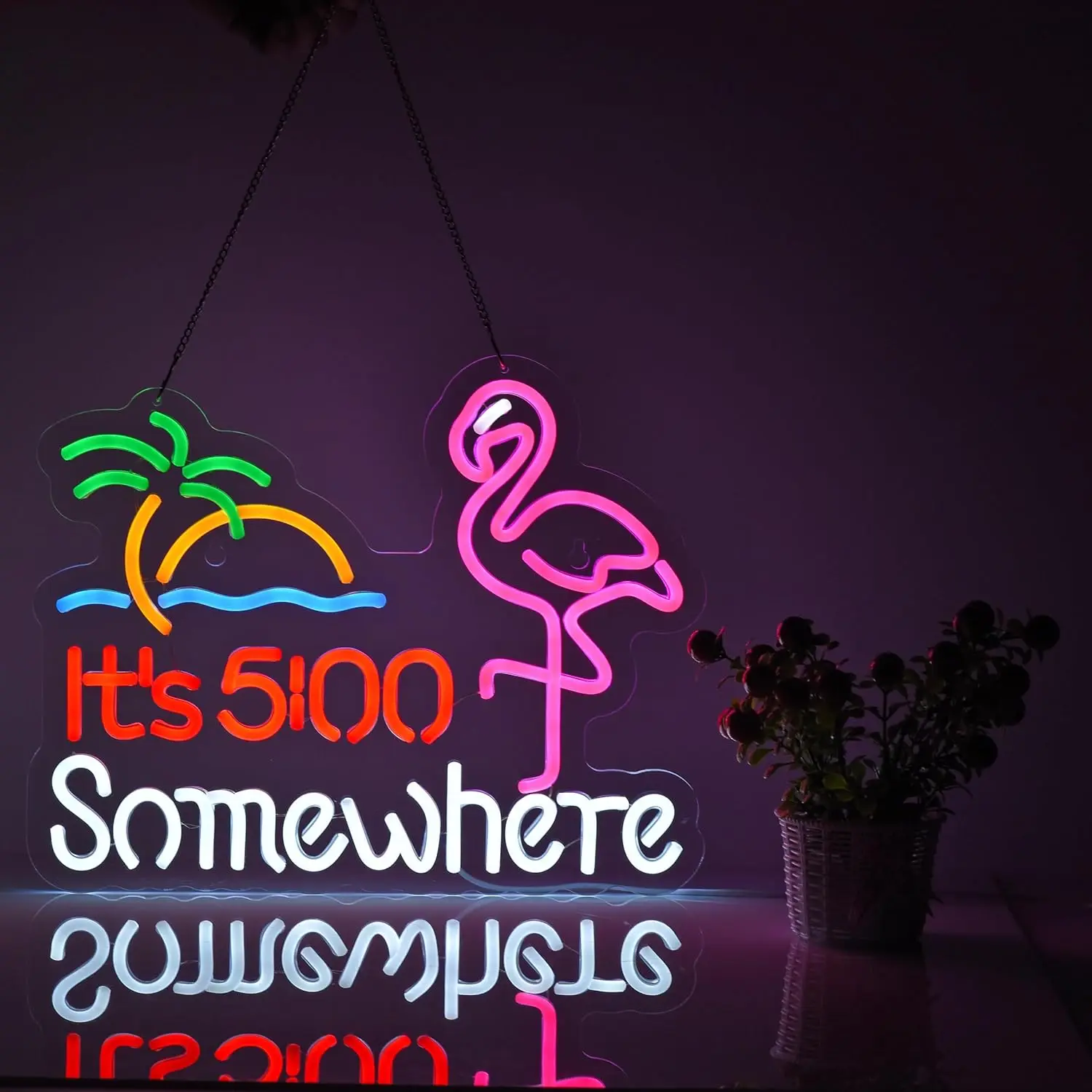 Letrero de neón Flamingo a las 5 a las 00 en algún lugar, letrero de neón, decoración de pared para barra LED regulable, cerveza, letreros artísticos de neón alimentados por USB
