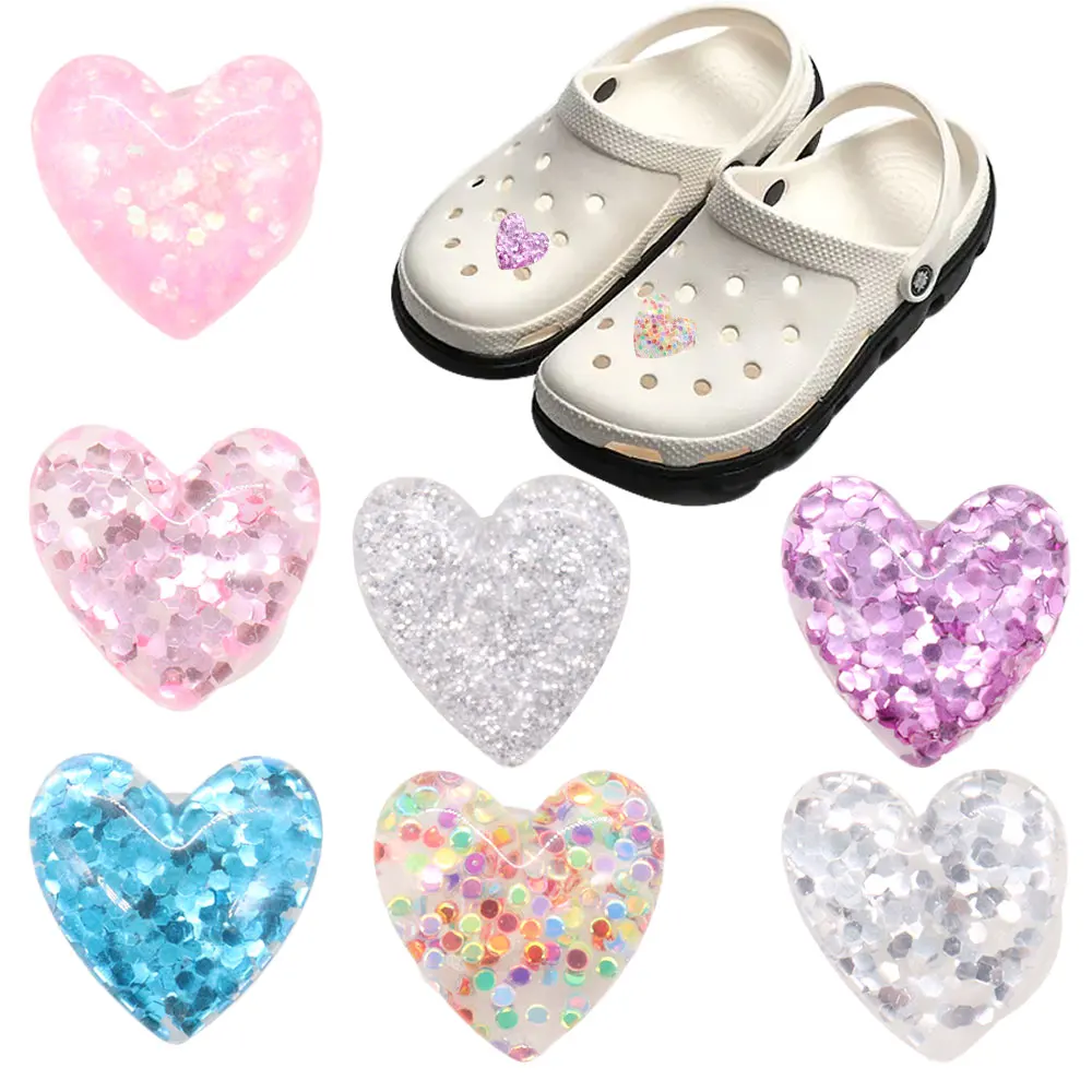 7pcs/set Shiny Heart Shape Resin Girls shoe Buckle Fit Wristbands DIY Charms Decorations Hole Kids Shoes Ornaments