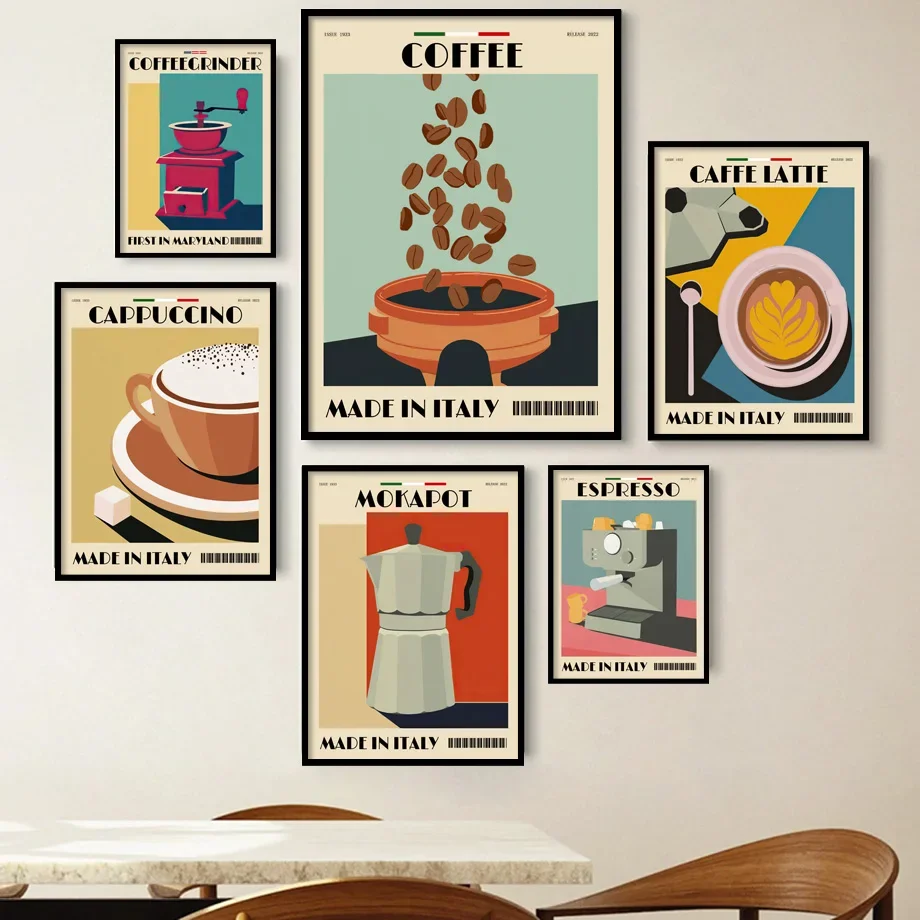 Vintage Italian Coffee Wall Art Prints Retro Cappuccino Espresso Moka Pot Posters for Kitchen Cafe Bar Wall Decor