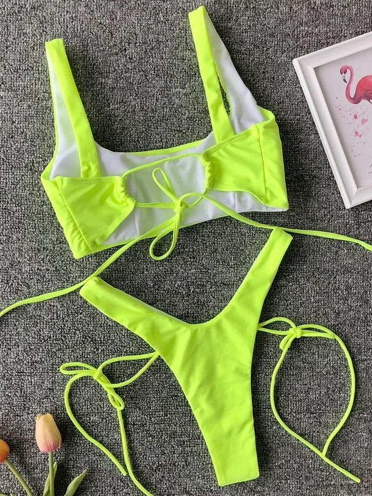 Novo 2025 neon verde alta perna corte biquíni feminino tanga maiô feminino brasileiro banho de duas peças conjunto de biquíni banhista