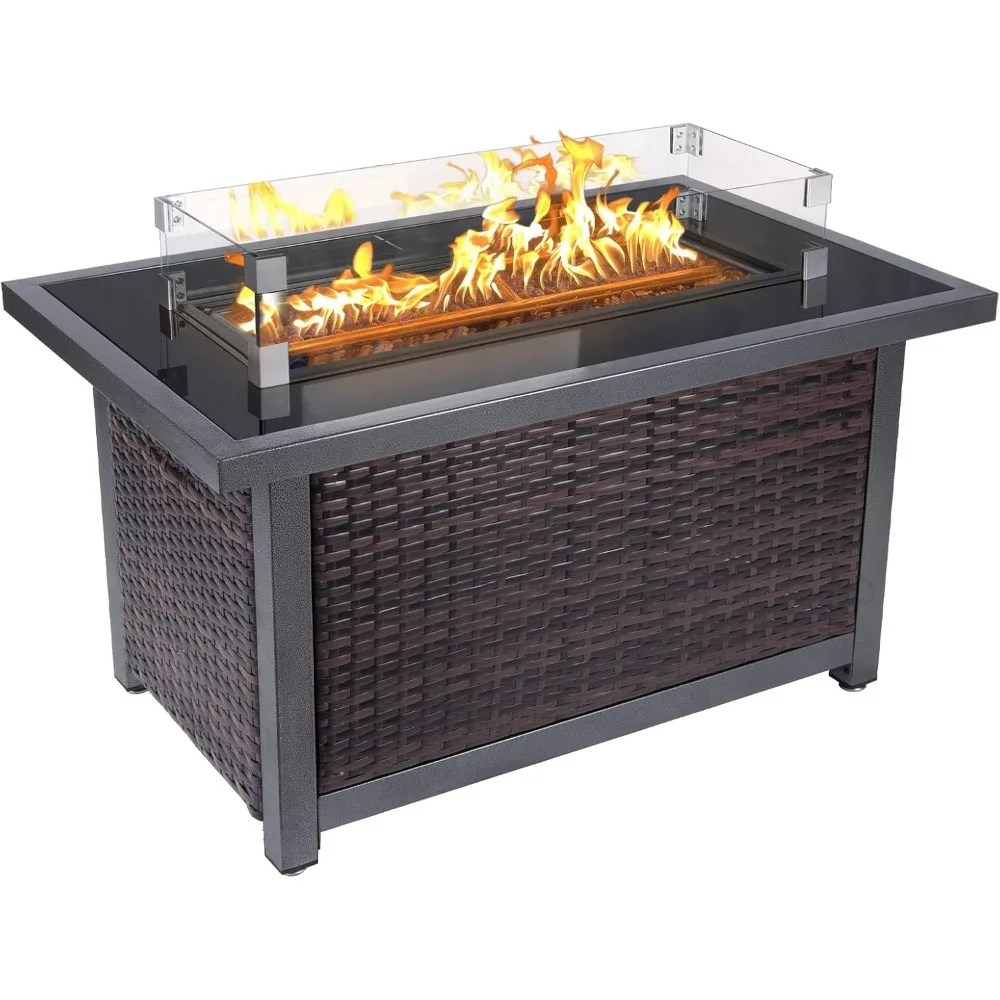 44inch Outdoor Propane Fire Pit Table, 50000 BTU Auto-Ignition Wicker Rattan Patio Gas Fire Pit with Wind Guard