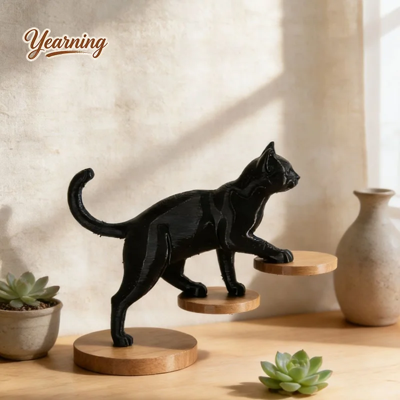 

3D Printed Black Cat Abstract Art Balance Cat Sculpture Minimalist Modern Style Desk Decor