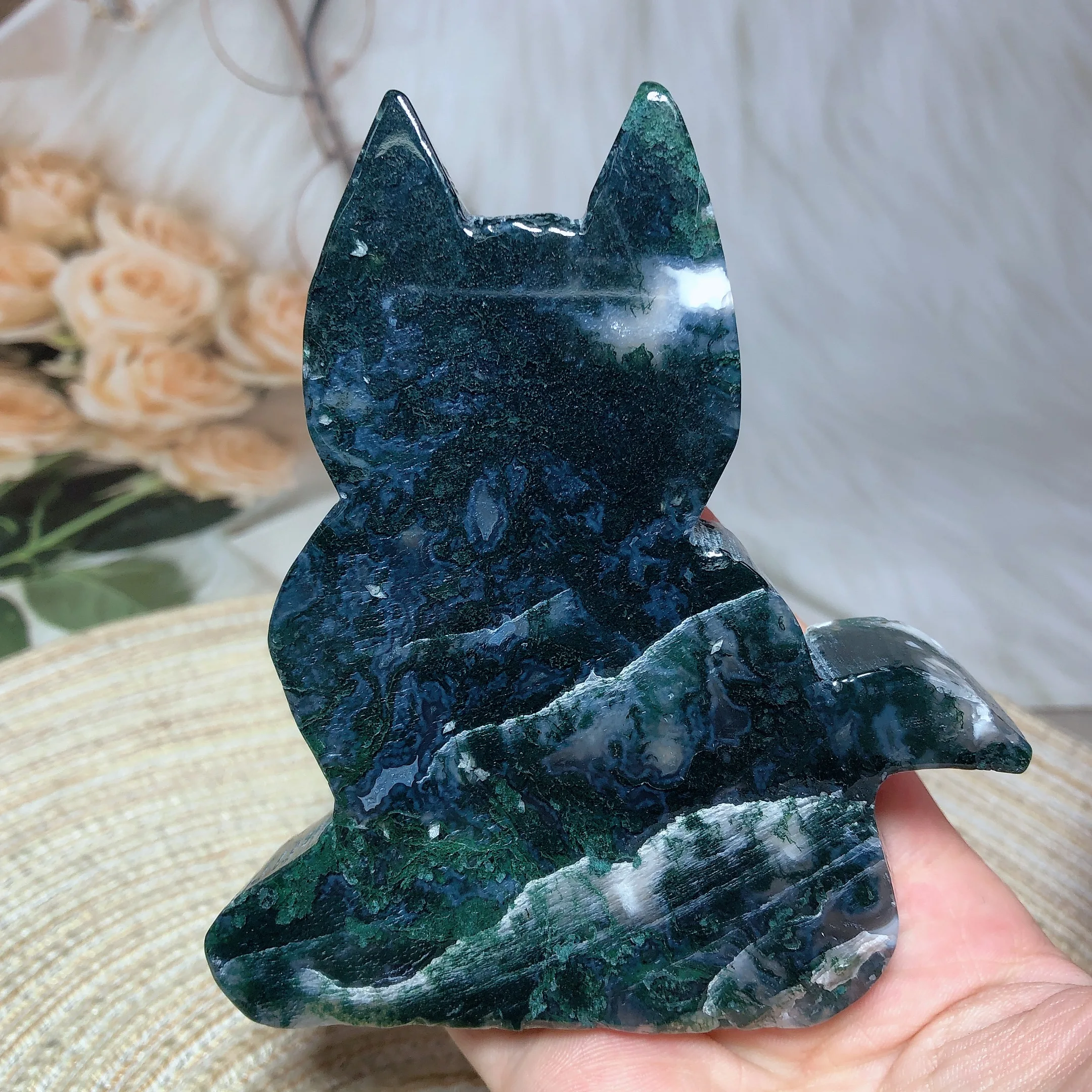 

Natural Crystal Moss Agate Cat Carving Polished Energy Reiki Ornament Healing High Quality Home Decoration Gift