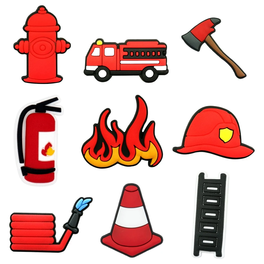 9/12PCS Cartoon firefighter flame fire engine Shoe Charm Mix Wholesale PVC cartoon Decoration Detachable Waterproof To Xmas Gift