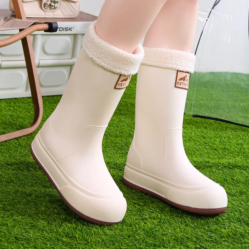 All-season Rain Boots Women Plus Fleece Rain Boots Tall Adult Waterproof Shoes Fashionable Work Water Boots Non-slip Rubber Shoe