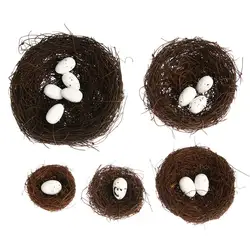 1Set Artificial Birds Nest Toad Vine Woven Fake Eggs Straw Roost Easter Ornaments