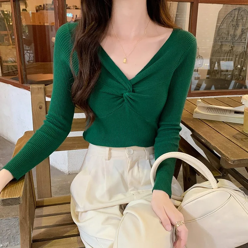 Camicia skinny lavorata a maglia autunno inverno maglione pullover da donna top donna manica lunga elastica scollo a V maglioni slim camicie in maglia