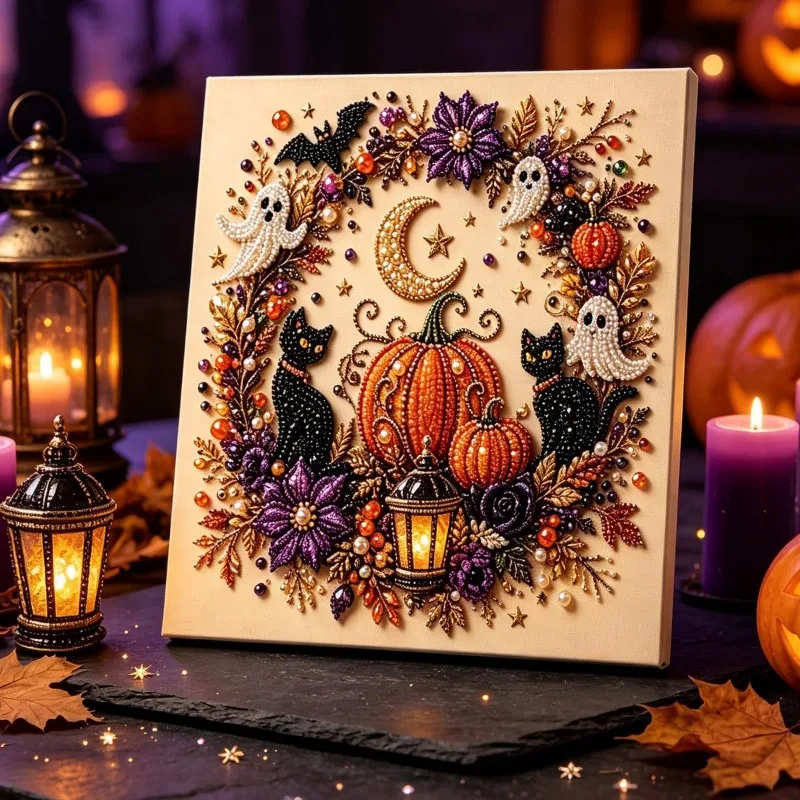 Halloween-Geister-Perlen-Kunst-Set für Erwachsene, DIY-Perlenmalerei-Bastelset, anfängerfreundliche Halloween-Perlen-Diamant-Kunst-Wanddekoration