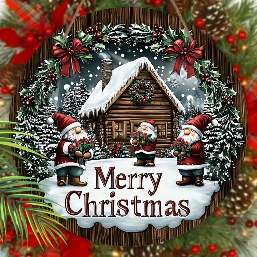 علامة إكليل جنوم عيد الميلاد الخشبية الساحرة - تصميم تخفيف ثنائي الأبعاد، مثالية للباب الأمامي وديكور الحائط، ديكور عطلة خالي من البطارية