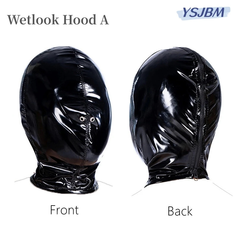 Sexy Bondage Hood Costume of Fetish Sensory Deprivation Wetlook Leather Mask with Handcuffs for Couple BDSM Role Play Sex Toys