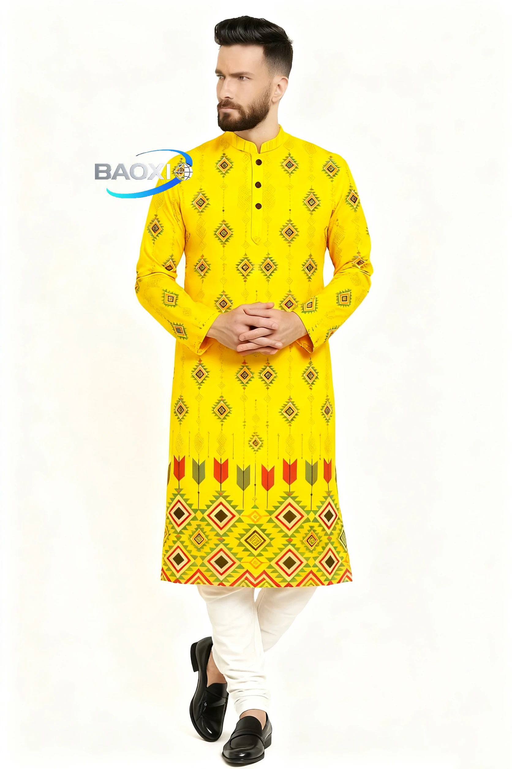 Abito lungo da uomo con colletto alla coreana stampato Kurta Elizha del 2025 adatto a tutte le occasioni, come luogo di nozze di fascia alta