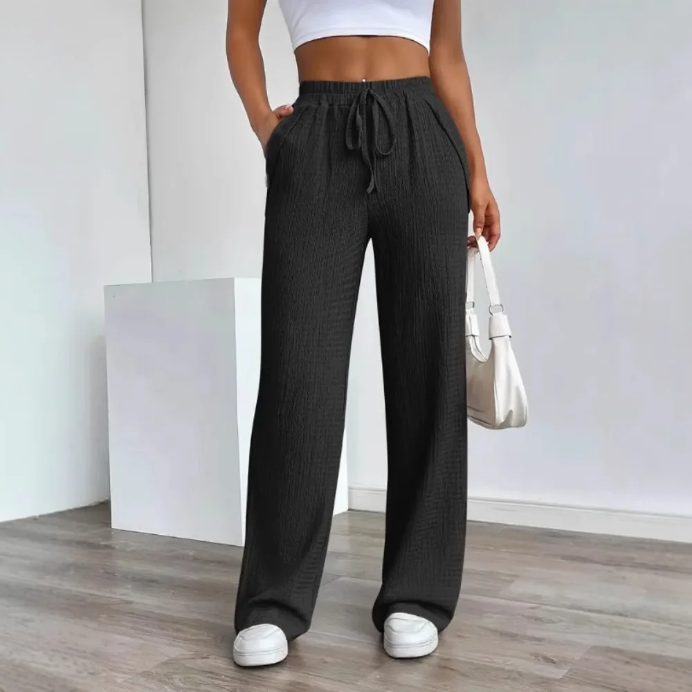 Women New Solid Pattern Relaxed Fit Elastic Mid Rise Drawstring Pocket Neutral Casual Long Trousers Ladies Unisex Pants