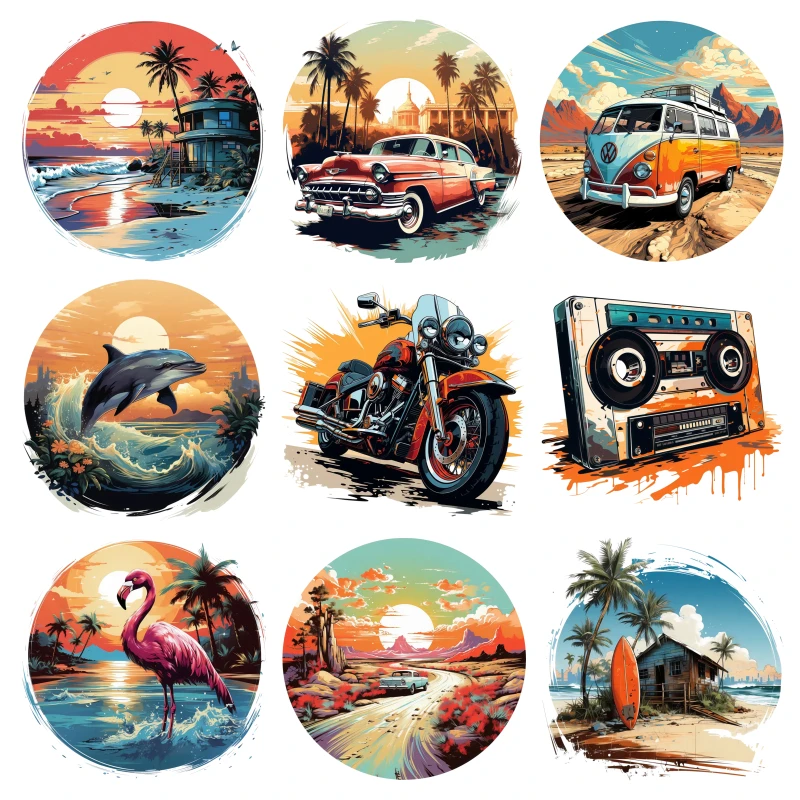 24cm Fashion Clothing Printed Pattern Motorcycle Tape Dolphin Vacation House Heat Transfer Patch DIY Ironing On T-Shirt Washable
