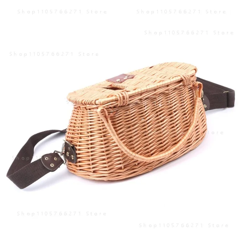 Hand-Woven Vine Fish Basket & Wooden Lidded Fishing Bucket - Traditional Fish Guarding Cage for Angling