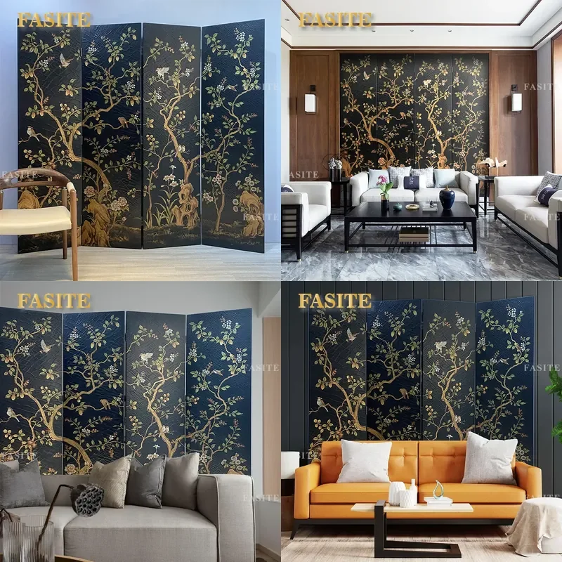 For Chinese Screen Retro Black Folding Room Divider Mobile Partition Lacquer Painting Space Saving Decor for Living Room