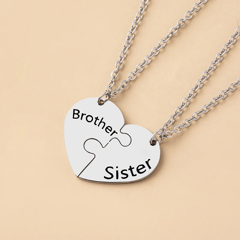 2 Pcs/Set Brother Sister Matching Necklace Stainless Steel Heart Puzzle Pendant Necklaces Family Jewelry Gifts