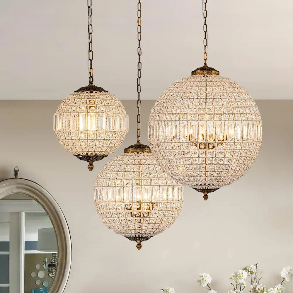 Vintage Bronze Globe Chandelier French Crystal Pendant Lighting For Bedroom Living Dining Room Kitchen Island Stairs Hallway