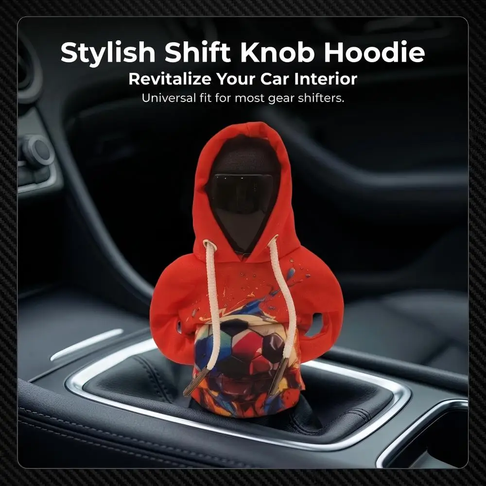 Red General Motors shift lever cover with colorful soccer ball pattern, decorative car shift lever cover sweatshirt.
