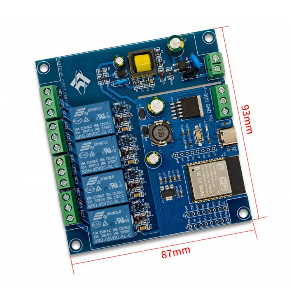 ESP32-C5 WiFi6 BLE 4-Channel Relay Dev Board, AC220V/DC5-30V, 4M Flash, IO/UART, for AC250V/DC30V Load Control.