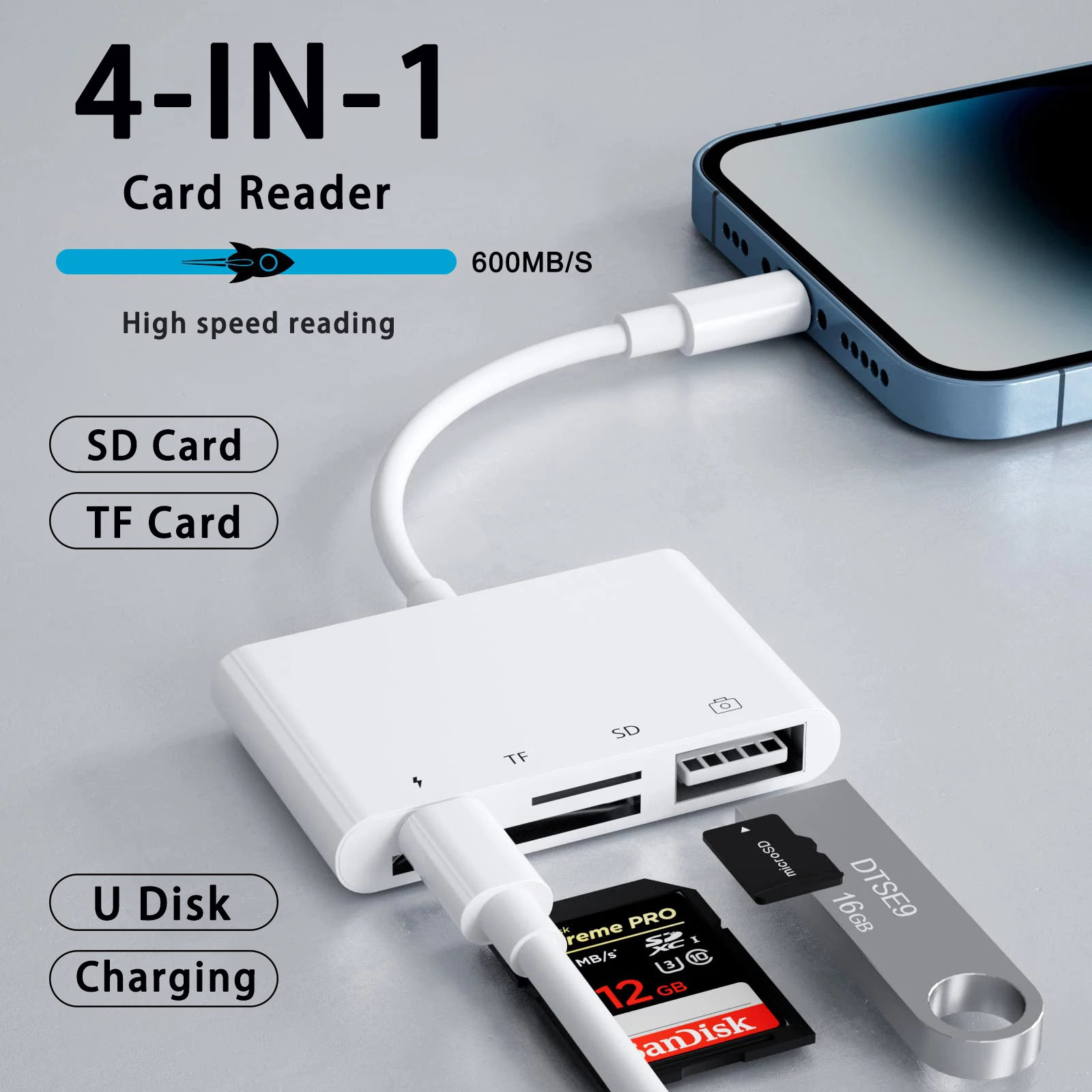 4 in 1 USB  OTG Card Reader Compatible SD/TF Card Camera Memory For iPhone15 14 Pro Max Samsung Fast Charging ios Type C Port