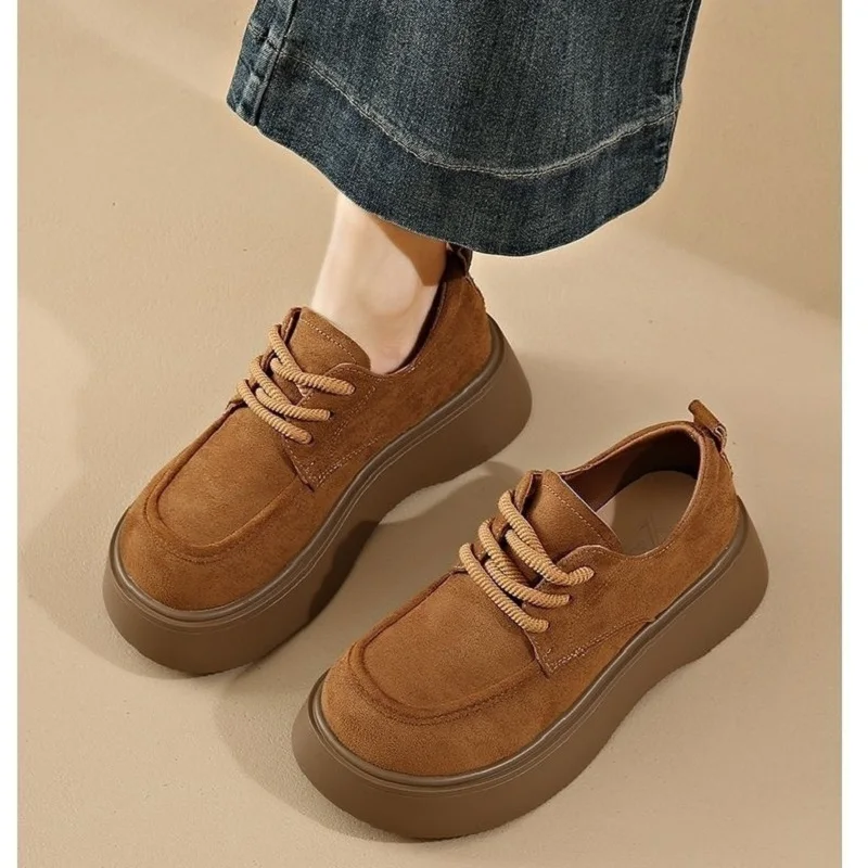 2026 Vintage Versatile Lace-up Fleecce-lined Moccasins Woman Commute Outdoor Winter Loafers Chunky Sole Faux Suede Sneakers