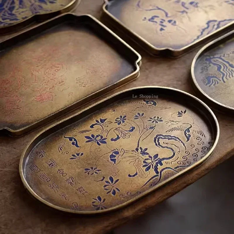 Archaize Brass Tray Temple Offering Sacrificial Articles Fruit Plate Poetry Crafts Home Living Room Saucer Tea Tray Decoration