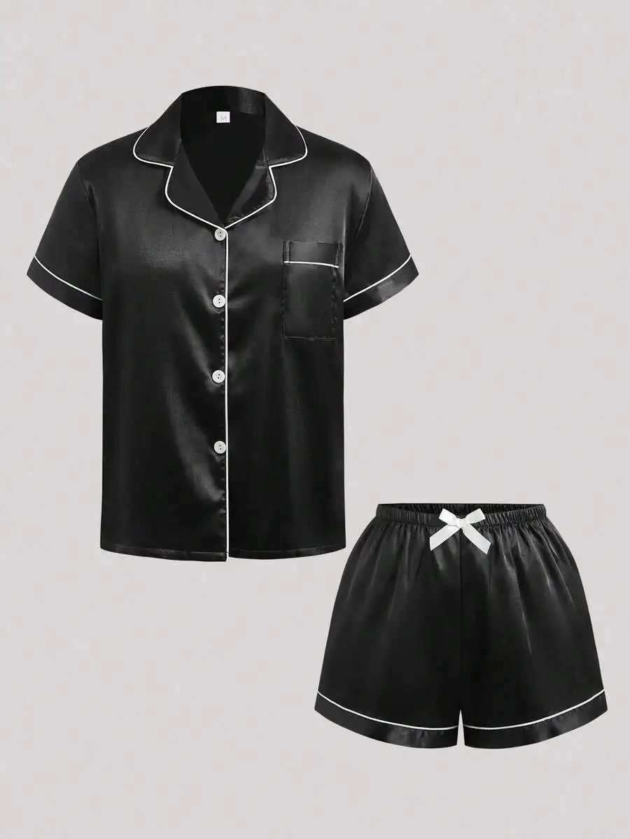 

Satin Blue Pajama Set Short Sleeve Lapel Top And Bowknot Shorts Women Homewear Lounge Wear Summer