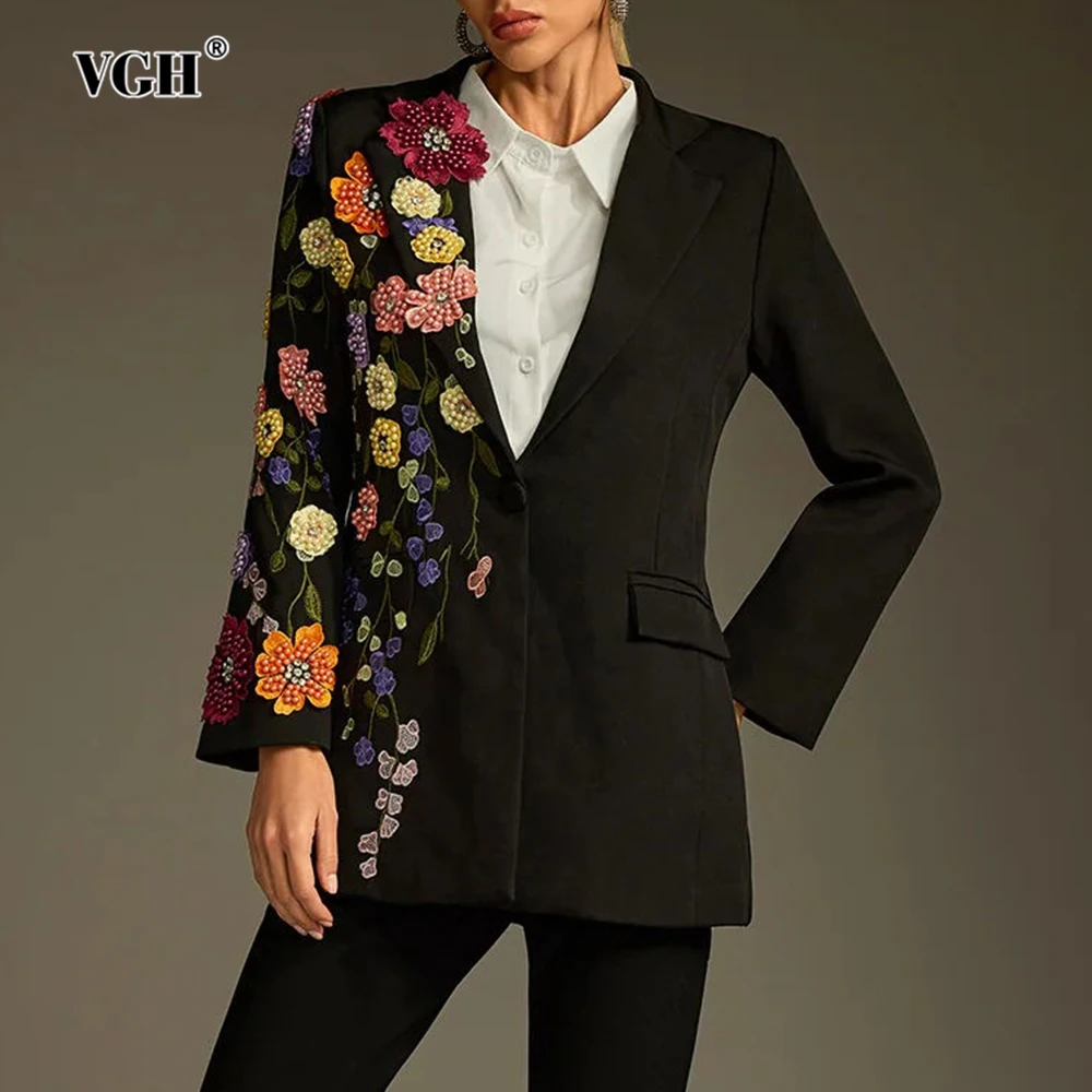 

VGH Spliced Appliques Solid Slimming Chic Blazers For Women V Neck Long Sleeve Autumn Casual Jackets Female Fashion Style New