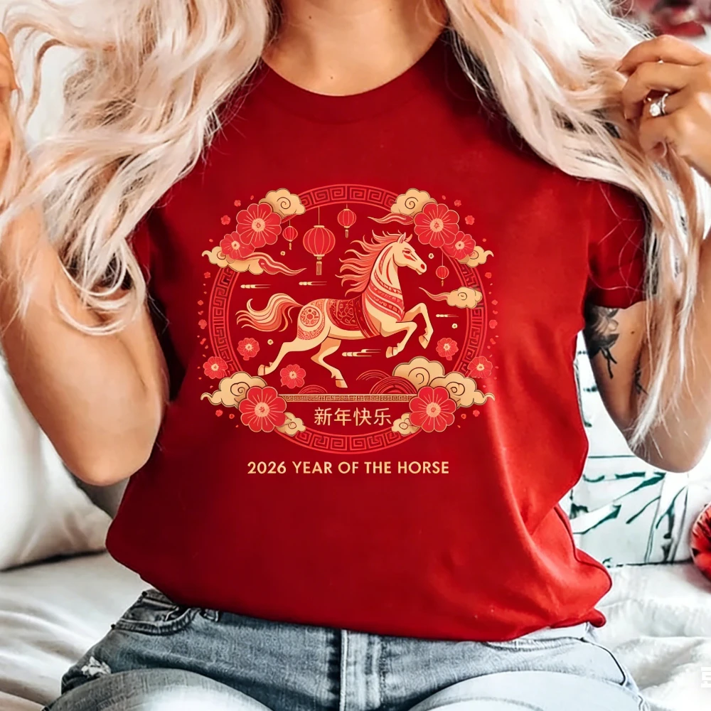 Cinese 2026 Cavallo Capodanno Camicia Zodiaco Cinese T-Shirt Cina Floreale Capodanno 2026 Tee Cavallo Anno Regalo Uomo Donna Casual Magliette e camicette