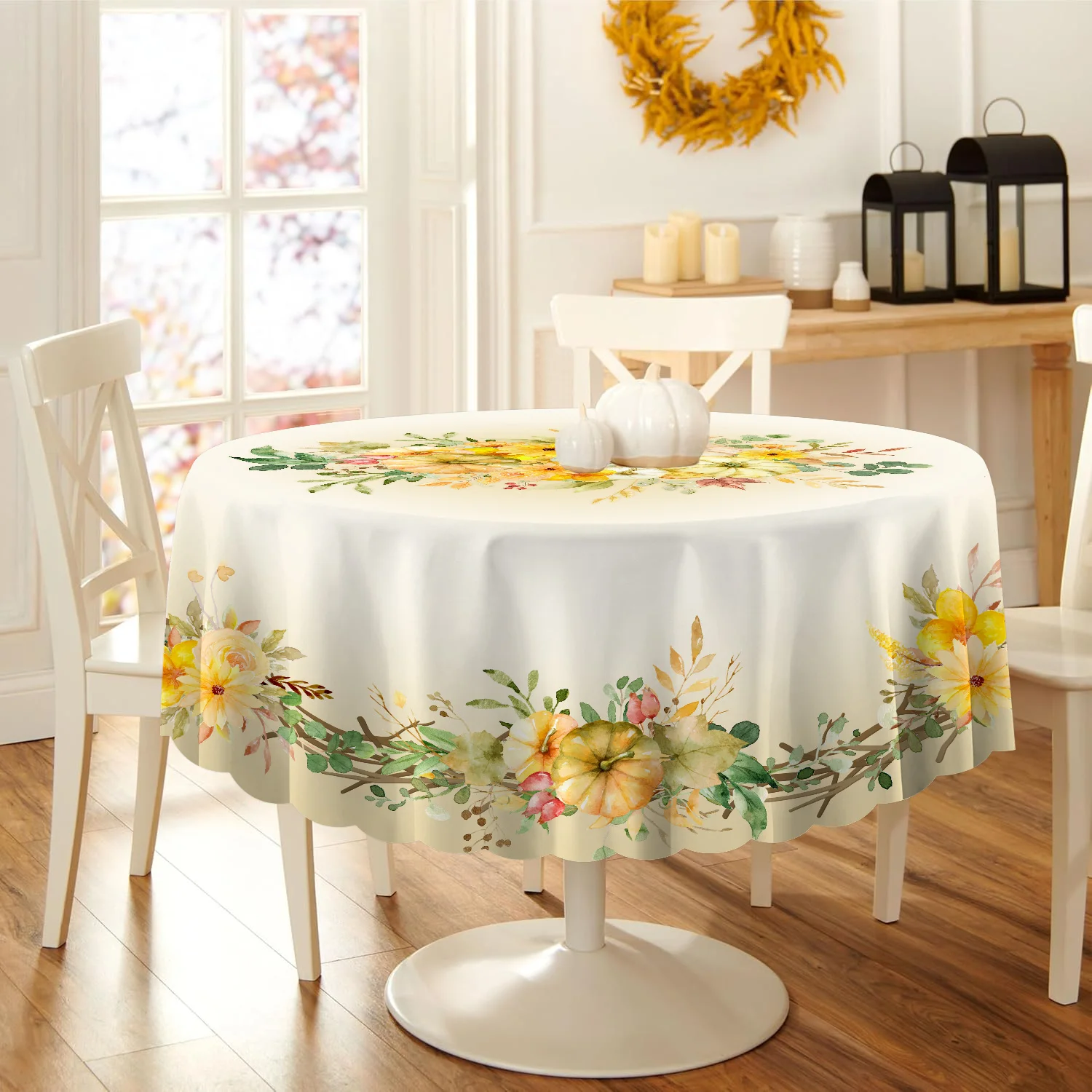 Thanksgiving Fall Tablecloth Orange Pumpkin Maple Leaf Round/Square Autumn Harvest Table Cover for Kitchen Dinner Room Outldoor