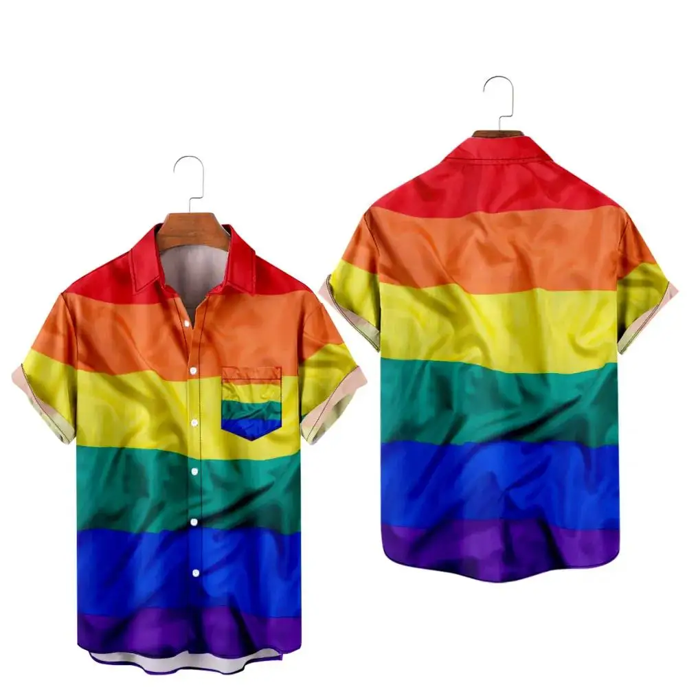 New Pride LGBT Love Lesbian Rainbow Design Print Short Sleeve Pocket Shirts  LGBT Print Shirts Men Women Tops