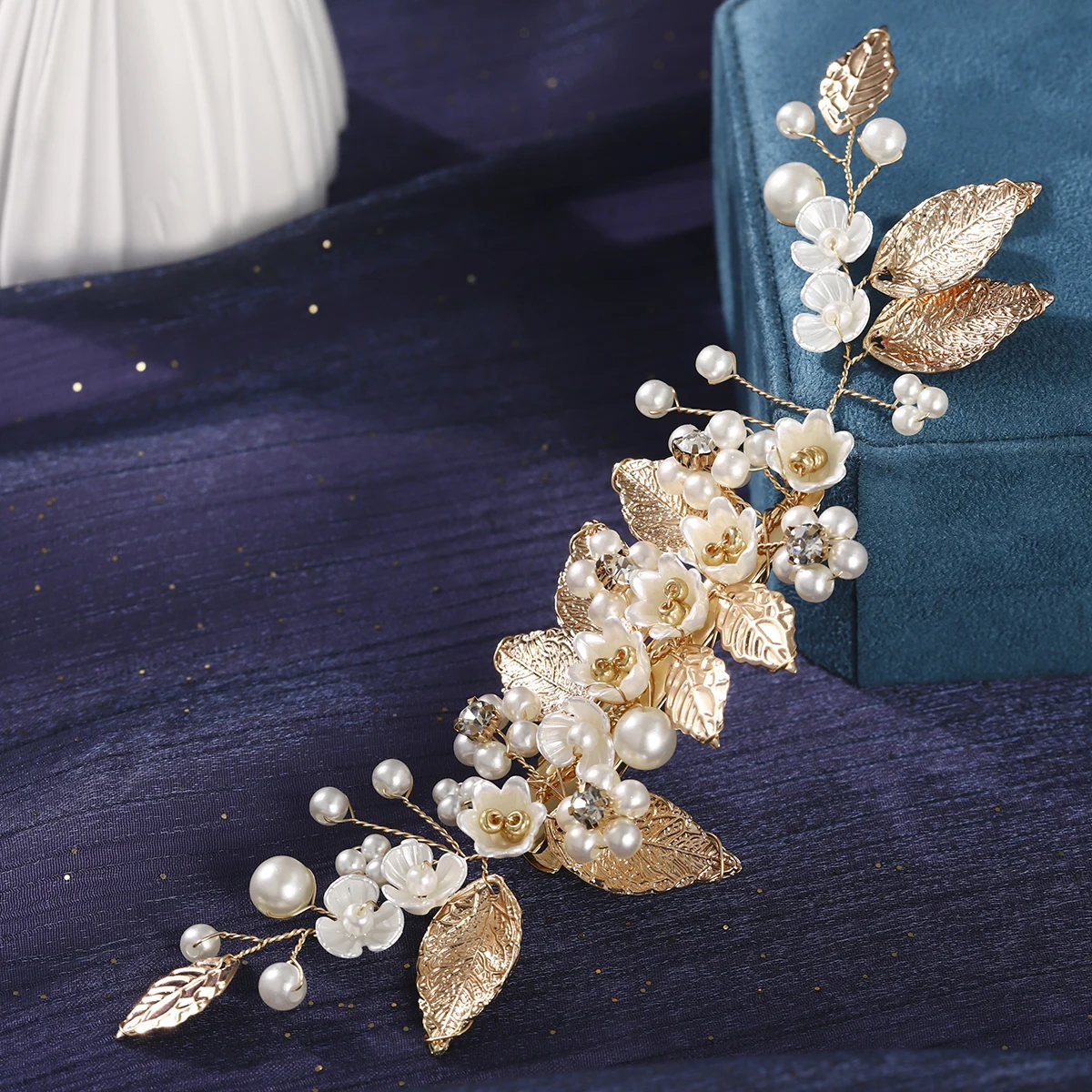 مشبك شعر لؤلؤي للعروس، دبوس شعر أنيق على شكل أوراق معدنية كلاسيكية، إكسسوارات شعر نسائية عصرية كهدية #5