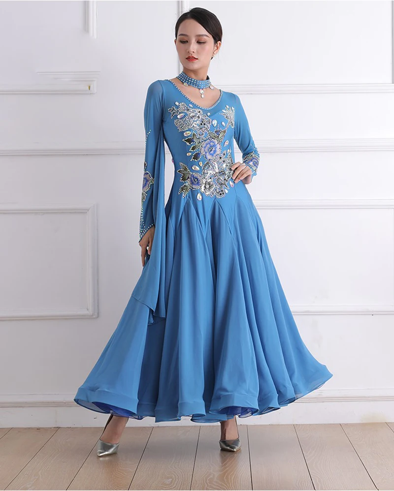 Ballroom Competition Dance Dresses Women Long Sleeve Blue Standard Ballroom Dress Lady's Advanced Modern Waltz Dancing Skirt