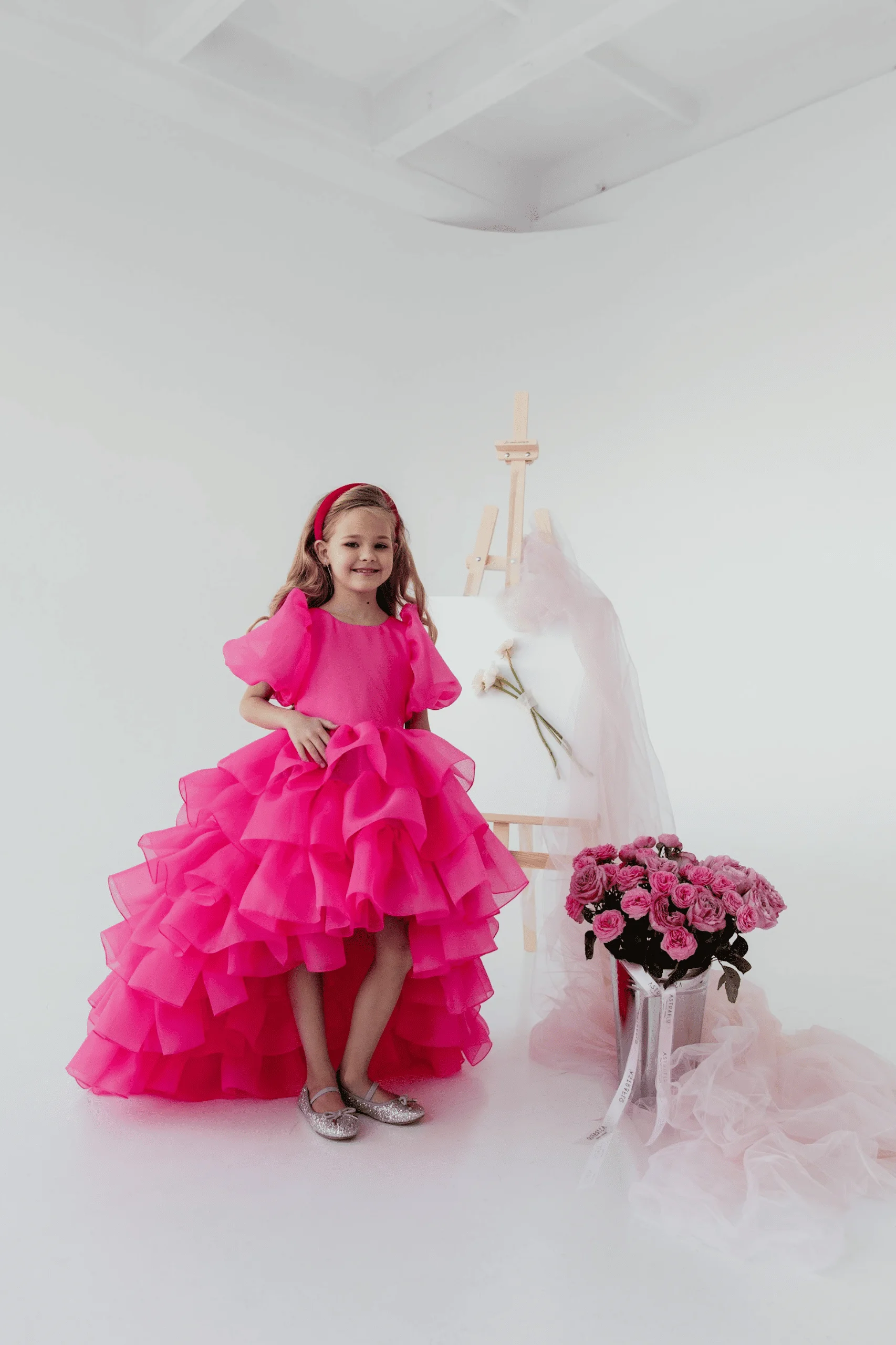 Vestido rosa elegante de flores para niña, para fiesta de boda, manga corta, bonito vestido de primera comunión con estratificación hinchada, regalo de cumpleaños para niños